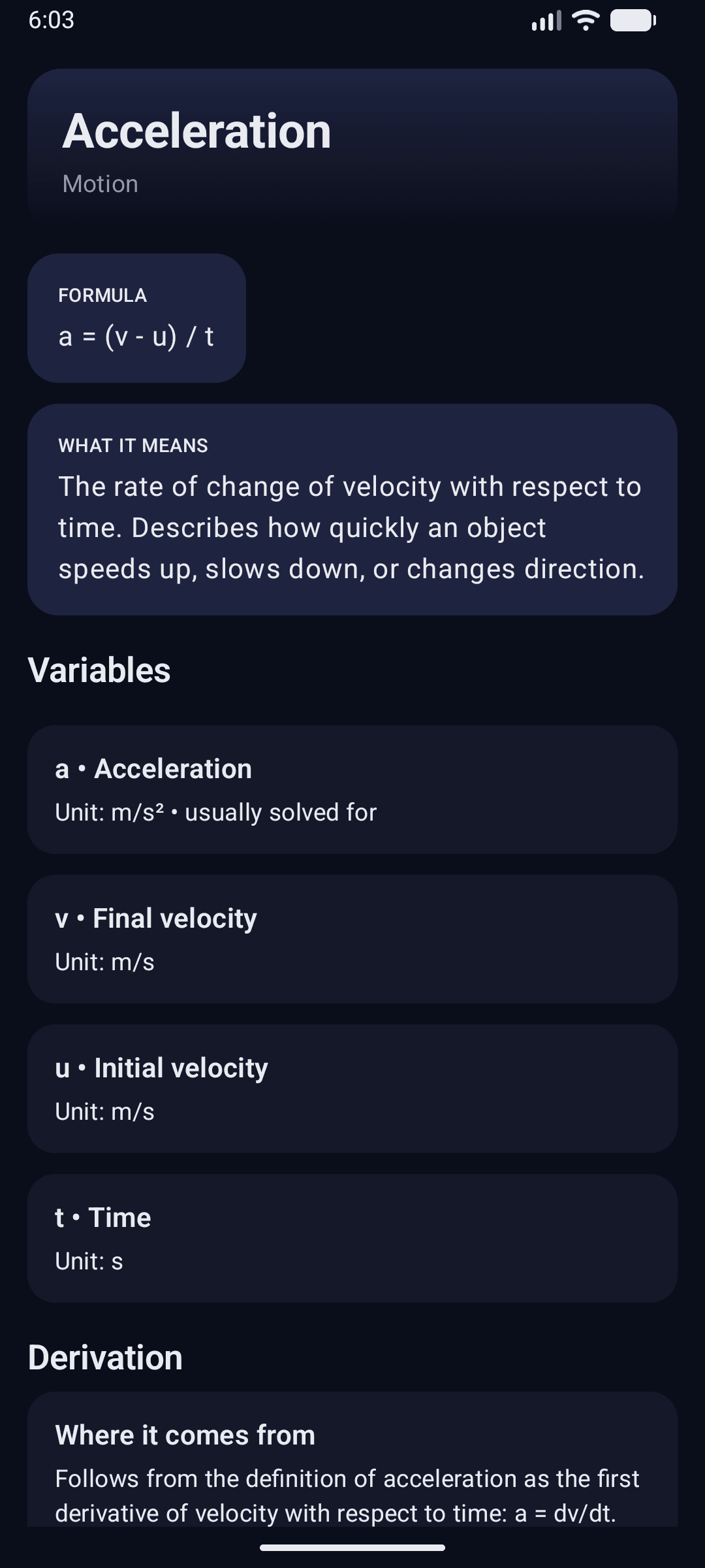 Astro Learn equation detail screen