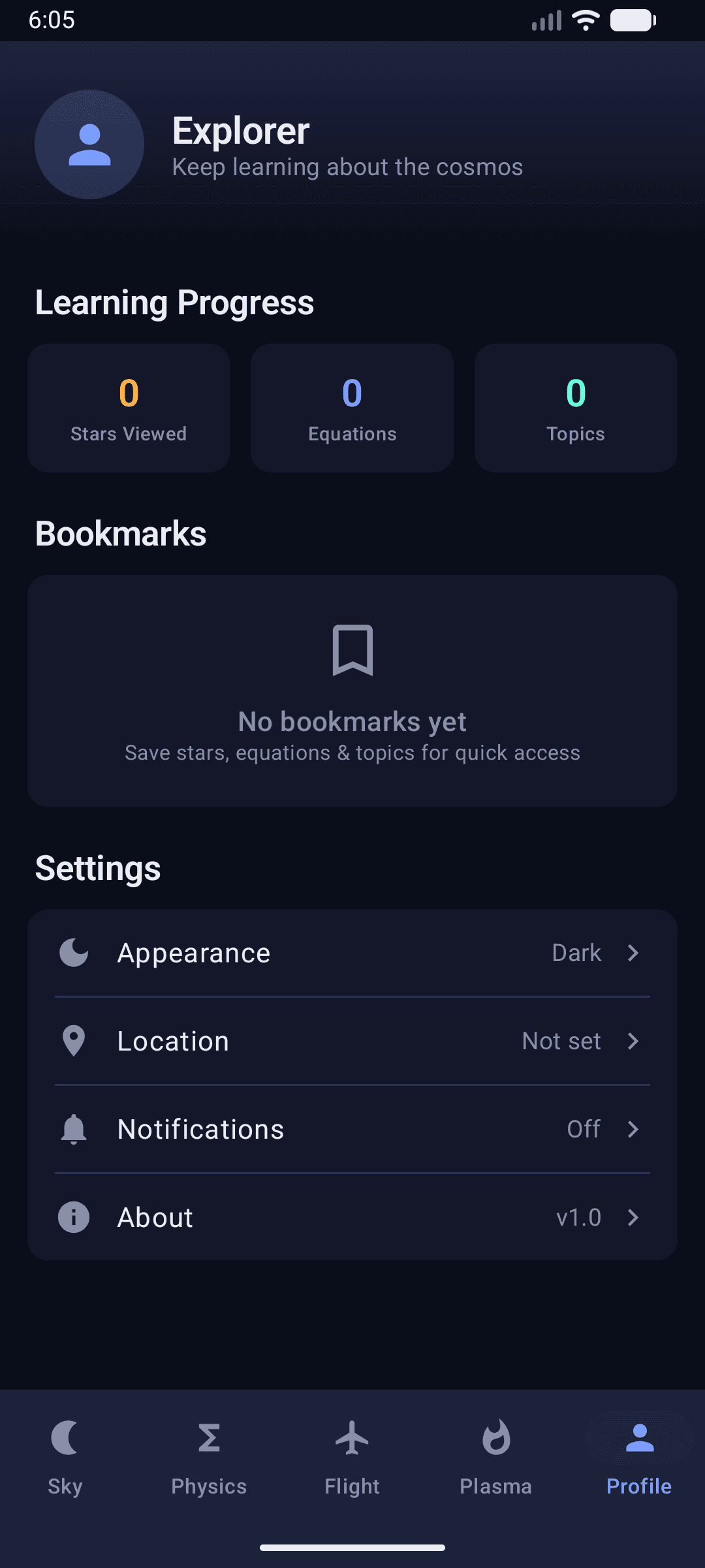 Astro Learn profile and progress screen