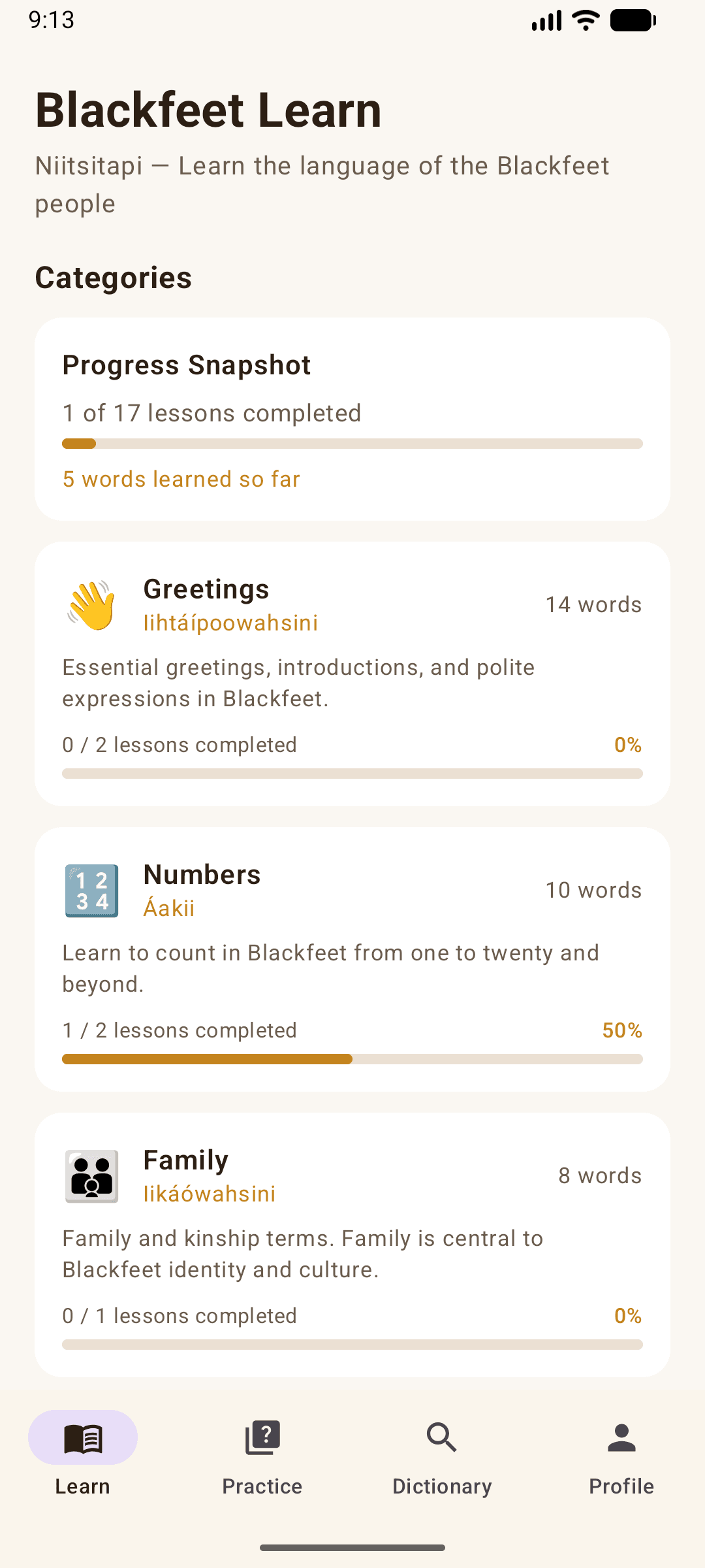 Blackfeet Learn home progress screen
