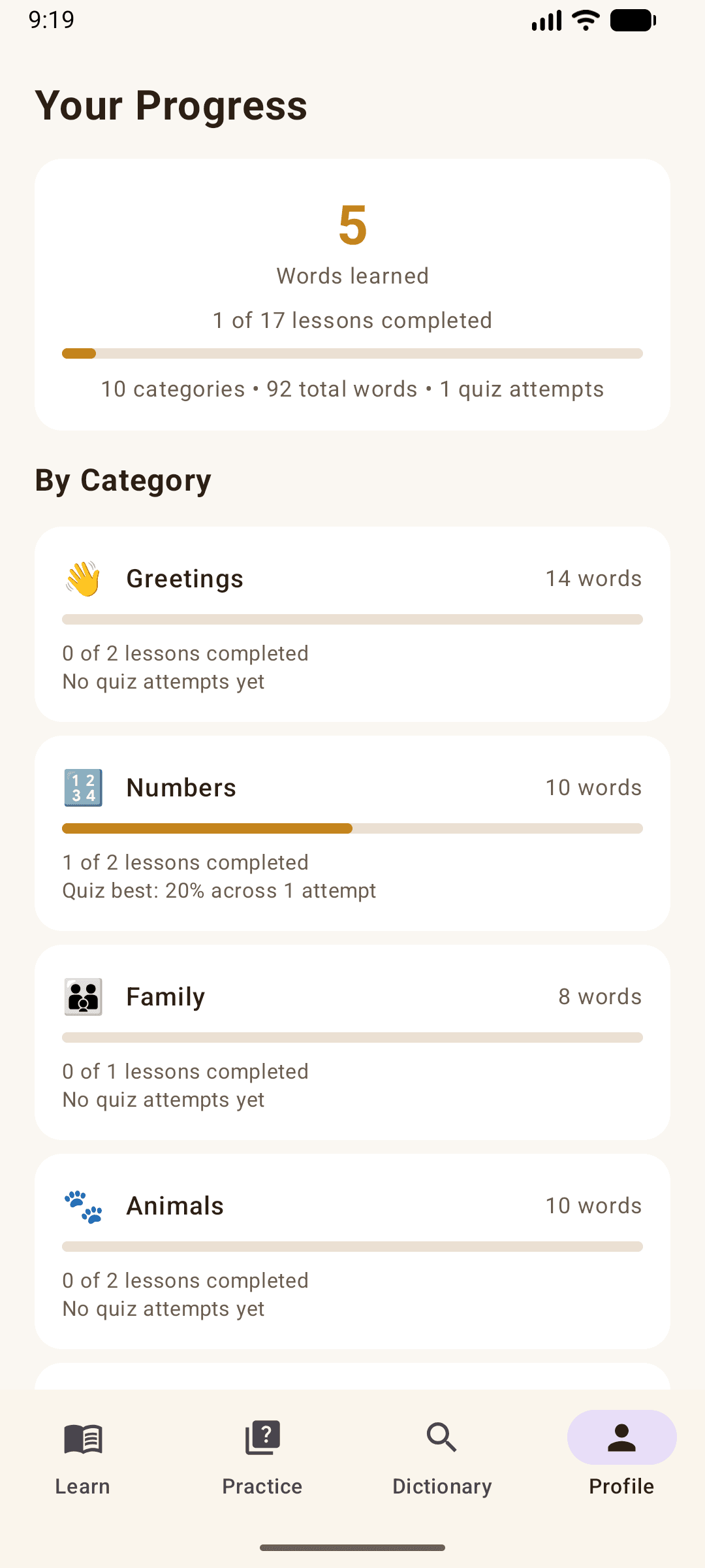 Blackfeet Learn profile progress screen