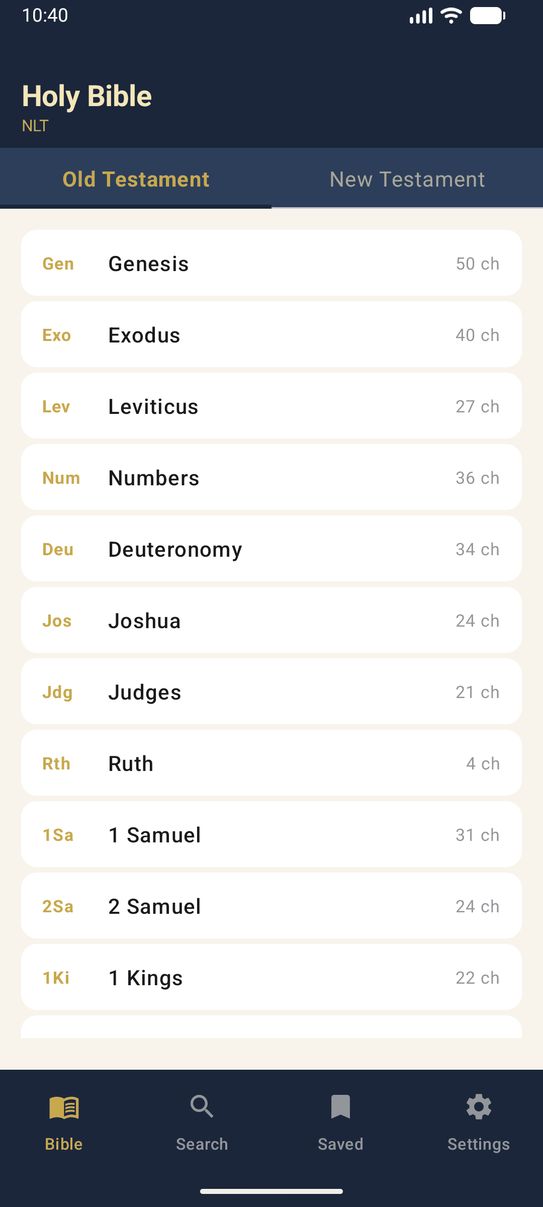 Bible App books screen