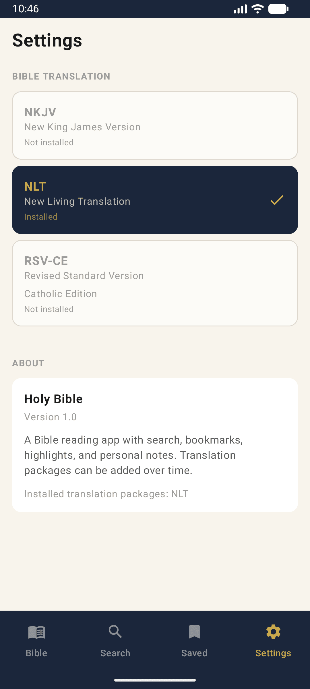 Bible App settings screen
